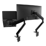 Atdec Ora Duo High-Performance Dynamic Monitor Arms with Laptop Tray. F-Clamp Desk Fixing. Max Load 8kg. Up to 35″ screens. Up to 18″ Laptops. Black (AWS-N-ORA2-F-B)