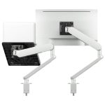Atdec Ora Duo High-Performance Dynamic Monitor Arms with Laptop Tray. F-Clamp Desk Fixing. Max Load 8kg. Up to 35″ screens. Up to 18″ Laptops. White (AWS-N-ORA2-F-W)