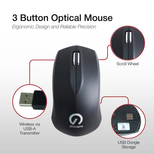 Shintaro 3 Button Wireless RF Mouse with USB 2.0 Dongle & 1600 DPI Precision - Ergonomic Optical Design (SH-WM03) - Image 4