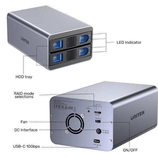 Unitek USB3.2 Type-C 10GB/SATA 2 BAY SATA HDD RAID ENCLOSURE (S1308C01-AU) - Image 5