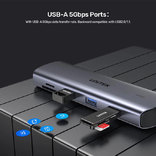 Unitek 9-in-1 USB-C 4K Hub with Dual Display, Dual Card Reader, USB-C PD 100W, Grey (D1113A) - Image 6