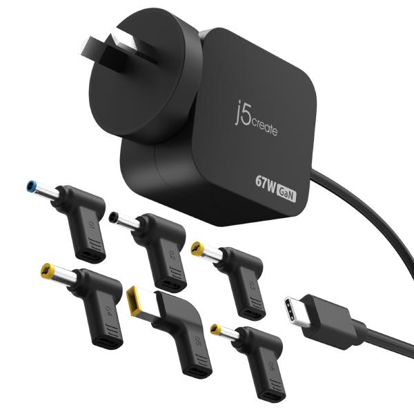 J5Create JUP1565DCU 67W GaN PD USB-C Mini Charger with 6 Types of DC Connector