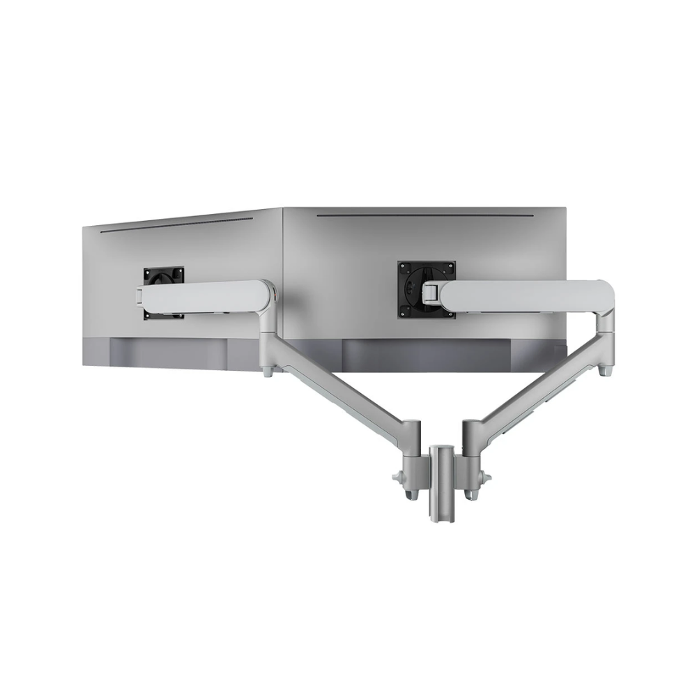 Atdec Dual Dynamic Monitor Arm Mount on Short Post - Heavy-Duty F-Clamp - Silver
